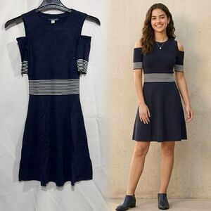Tommy Hilfiger Women’s Cold Shoulder Sweater Dress Navy White Striped Knit XS